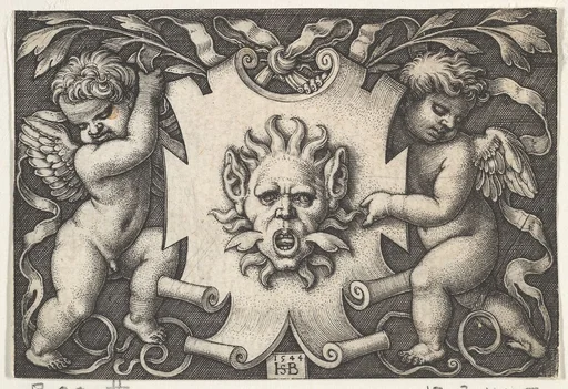 A Mask on an Escutcheon Supported by Two Genii
