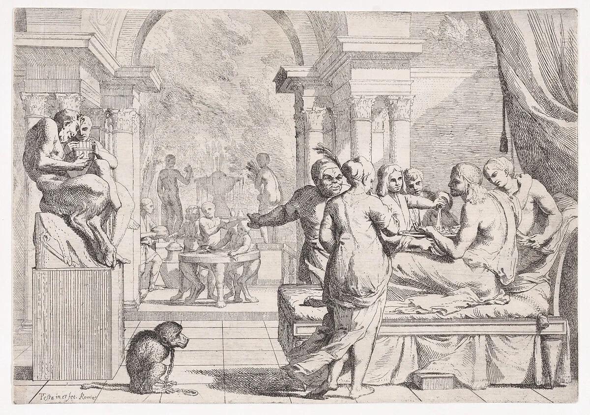 The Prodigal Son Seated on a Couch Being Served Wine, Revelers in the Background, a Monkey Wearing a Collar and Chain in the lower left — Pietro Testa