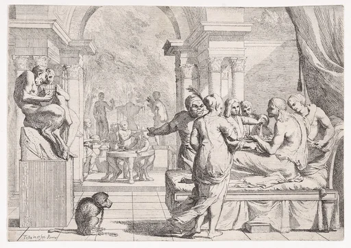 The Prodigal Son Seated on a Couch Being Served Wine, Revelers in the Background, a Monkey Wearing a Collar and Chain in the lower left