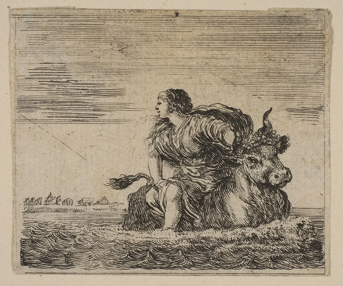 Jupiter and Europa, from 'Game of Mythology' (Jeu de la Mythologie) — Stefano della Bella|Jean Desmarets de Saint-Sorlin|Henri Le Gras|Louis XIV, King of France|Cardinal Jules Mazarin