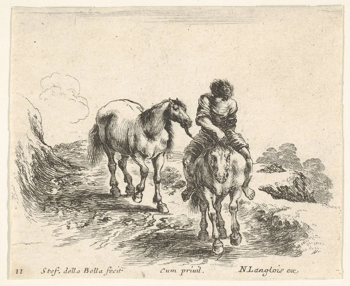 Plate 11: a young horseman, seen from the front, leading another horse, from 'Diversi capricci' — Stefano della Bella|Nicolas Langlois