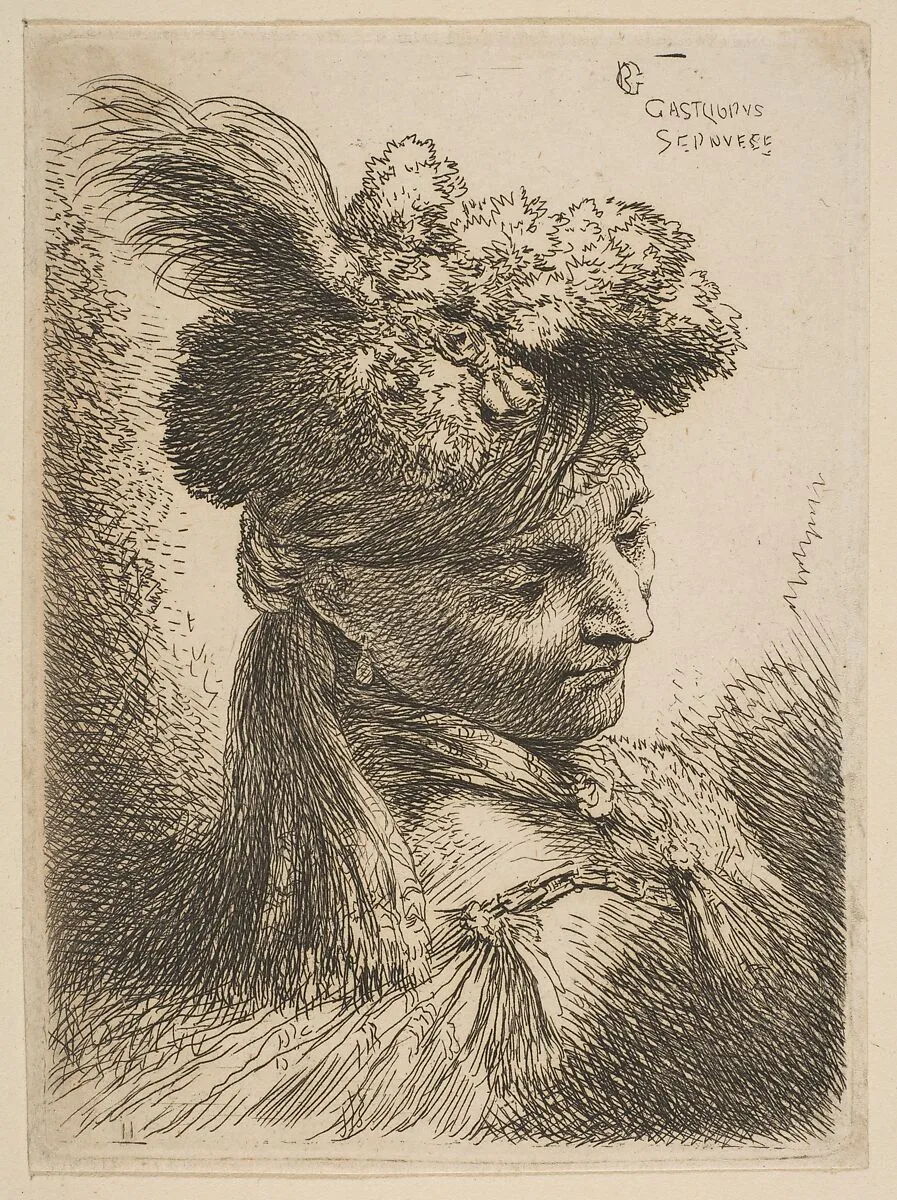 Young man facing three quaters right wearing a fur headdress with a plume, jewel and a headband, from series of 'Small Heads in Oriental Headdress' — Giovanni Benedetto Castiglione (Il Grechetto)