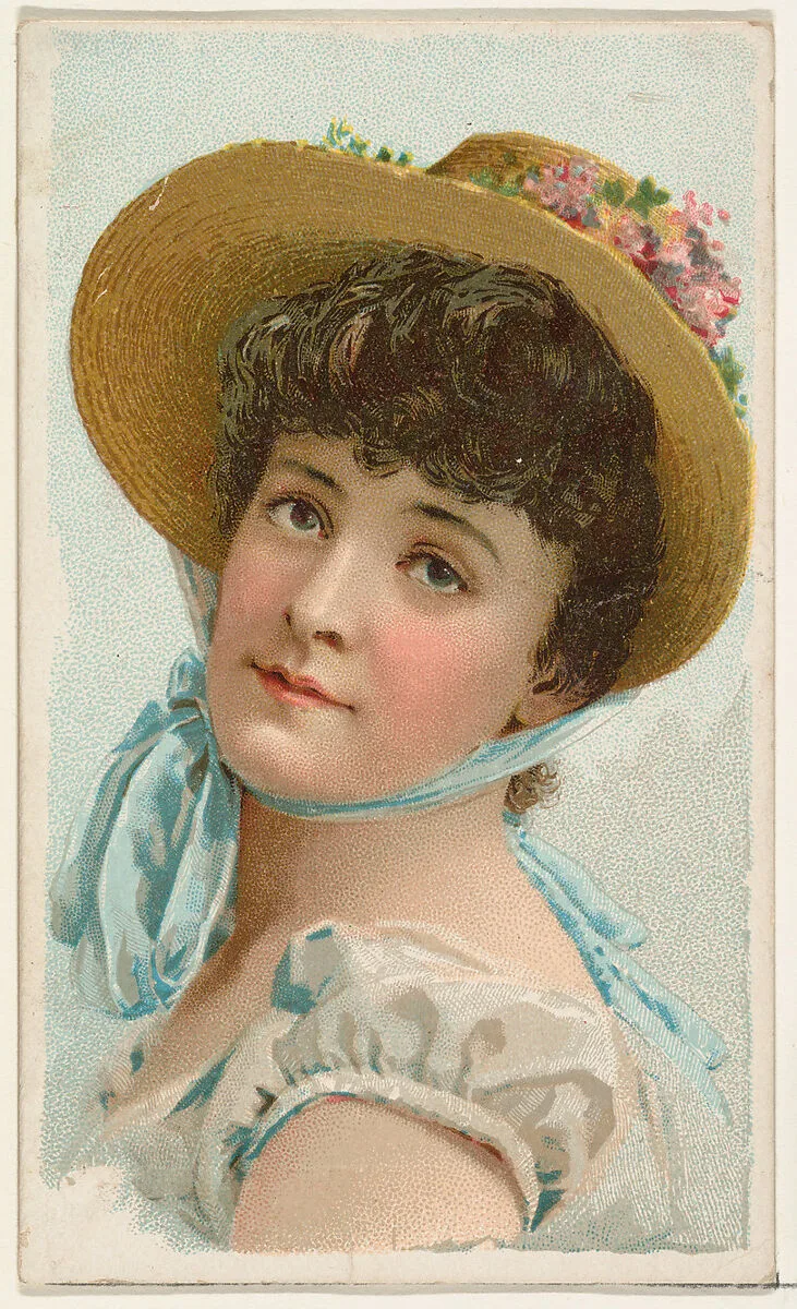 Actress wearing straw bonnet tied with blue ribbon, from Stars of the Stage, First Series (N129) issued by W. Duke, Sons & Co. to promote Honest Long Cut Tobacco — Knapp & Company|W. Duke, Sons & Co.