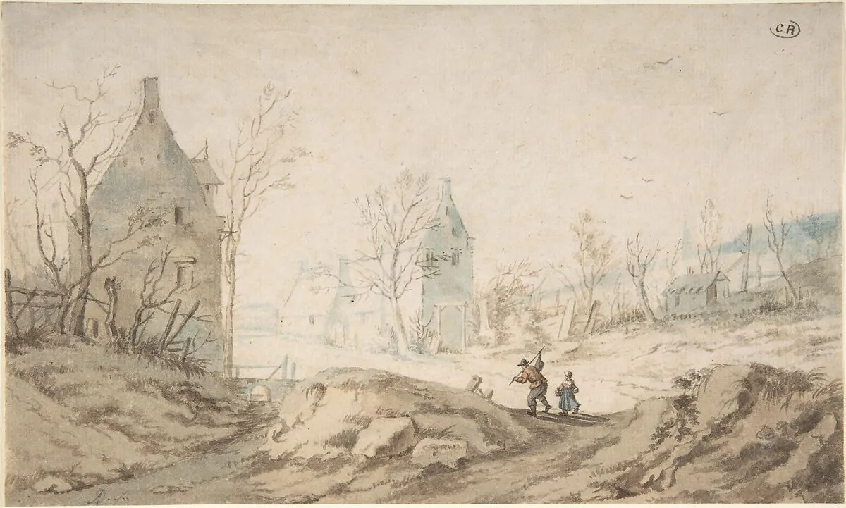 Winter Landscape with Two Peasants Walking — August Dahlsteen
