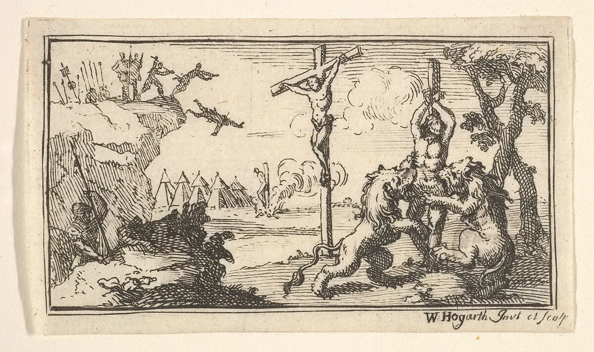 Crucifixion, etc. (John Beaver, Roman Military Punishments, 1725) — William Hogarth|John Beaver