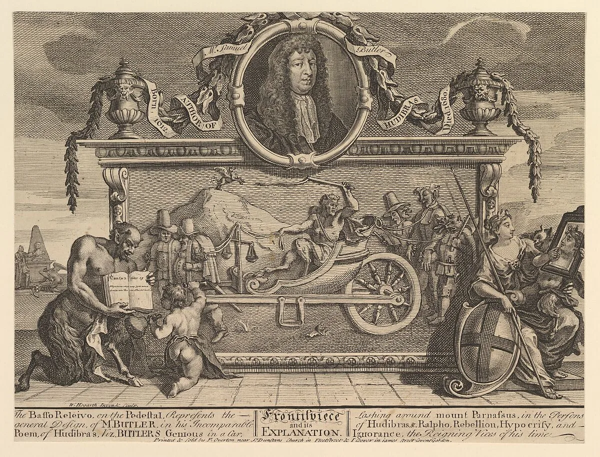Frontispiece and Its Explanation: Twelve Large Illustrations for Samuel Butler's Hudibras, Plate 1 — William Hogarth|Philip Overton|John Cooper|Samuel Butler