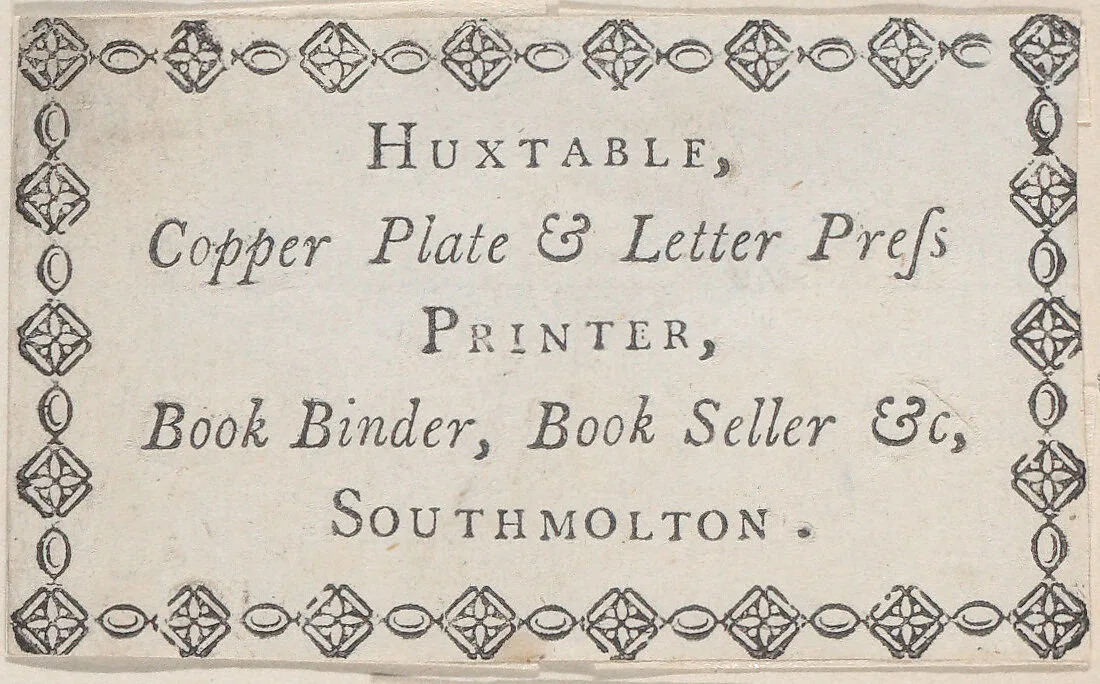 Trade Card for Huxtable, Printer, Book Binder, and Bookseller — Anonymous, British, early 19th century