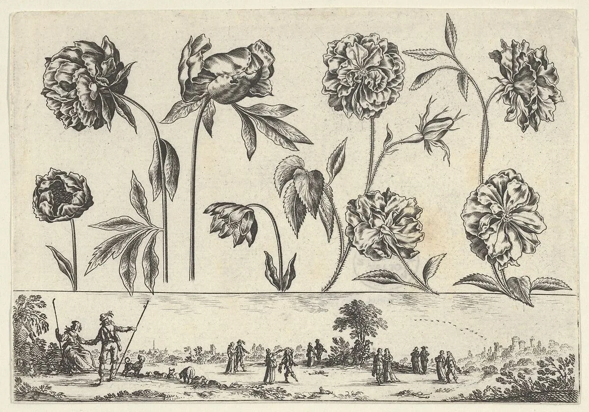 Horizontal Panel with a Row of Flowers Above a Frieze with Figures in a Landscape, from Livre Nouveau de Fleurs Tres-Util — Nicolas Cochin|Balthazar Moncornet