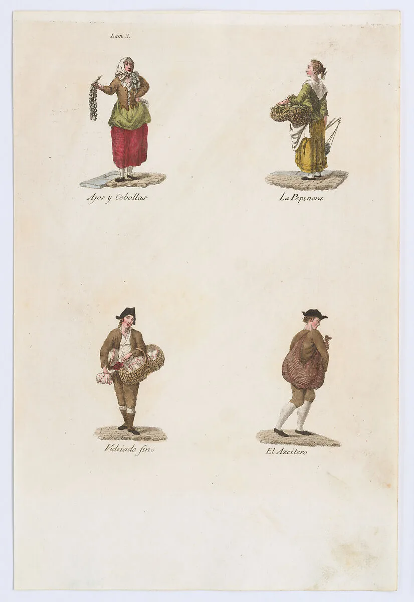 Plate 2: four street vendors from Madrid selling garlic and onions, cucumbers, fine crockery, oil, from 'Los Gritos de Madrid' (The Cries of Madrid) — Imprenta Real, Madrid|Miguel Gamborino