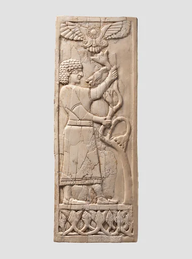 Panel with a youth grasping a tree; winged sun disc above