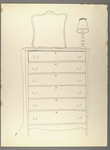 [Line Drawing of Dresser with Mirror and Lamp]