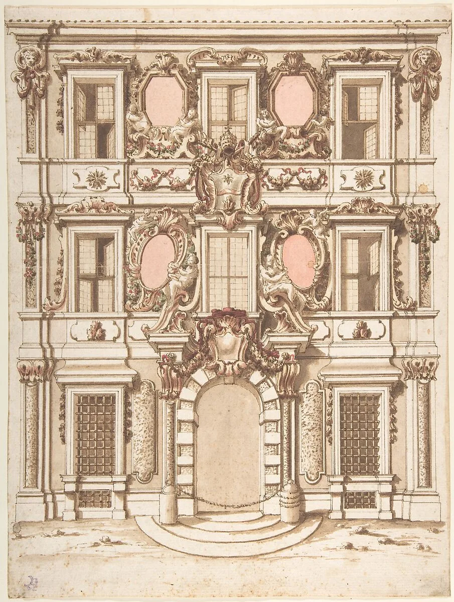 Design for the Facade of a Palace with the Coat of Arms of Pope Clement IX — Anonymous, Italian, Bolognese 18th century artist