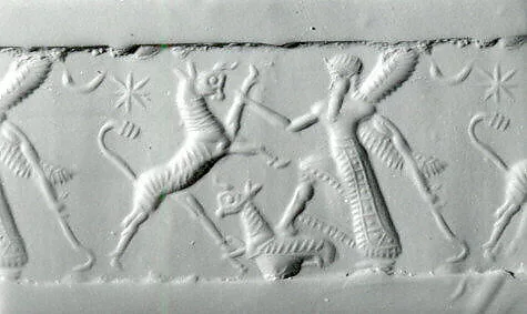 Cylinder seal with two-figure contest scene — Unknown