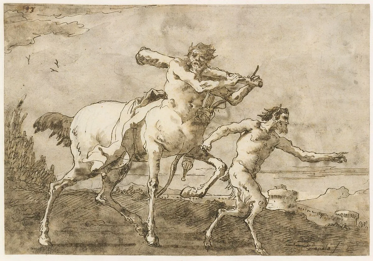 Satyr Leading a Centaur, Who Carries a Club, Bow and Quiver, Outside the Walls of a City — Giovanni Domenico Tiepolo