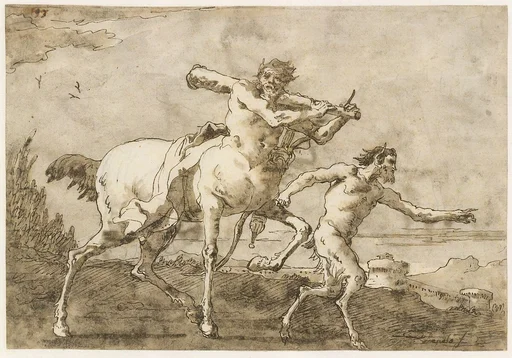 Satyr Leading a Centaur, Who Carries a Club, Bow and Quiver, Outside the Walls of a City