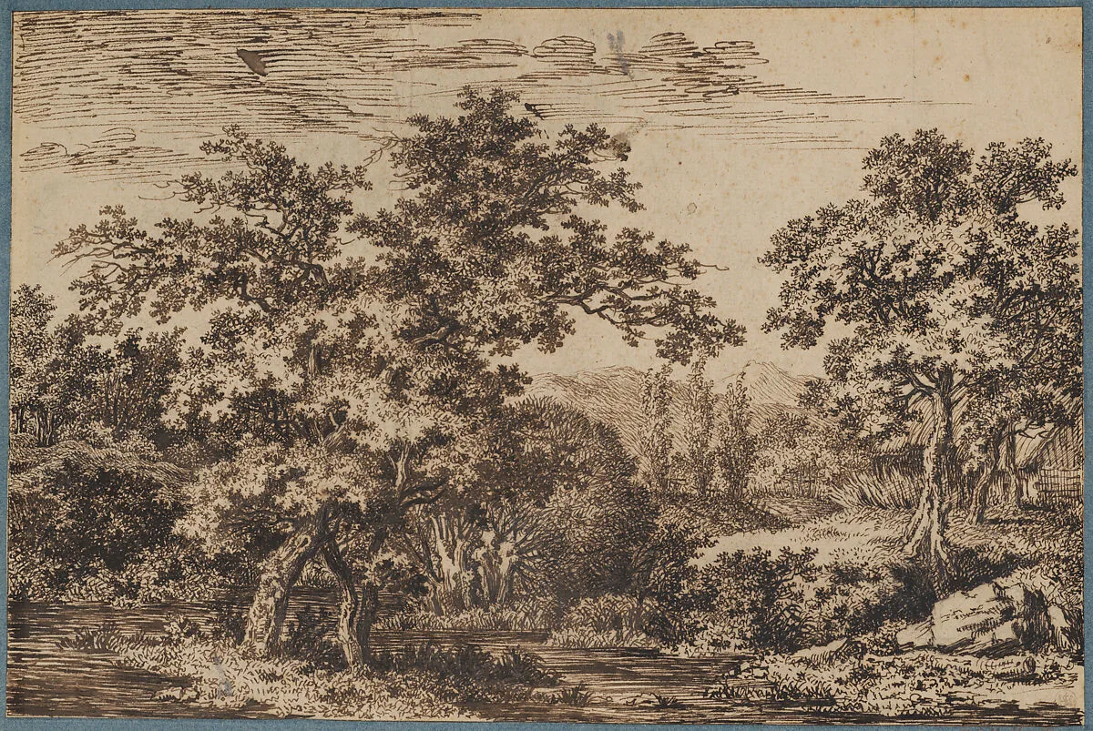Landscape; a small island with two trees surrounded by water on the left; a tree by a cottage on the right — Carl Wilhelm Kolbe