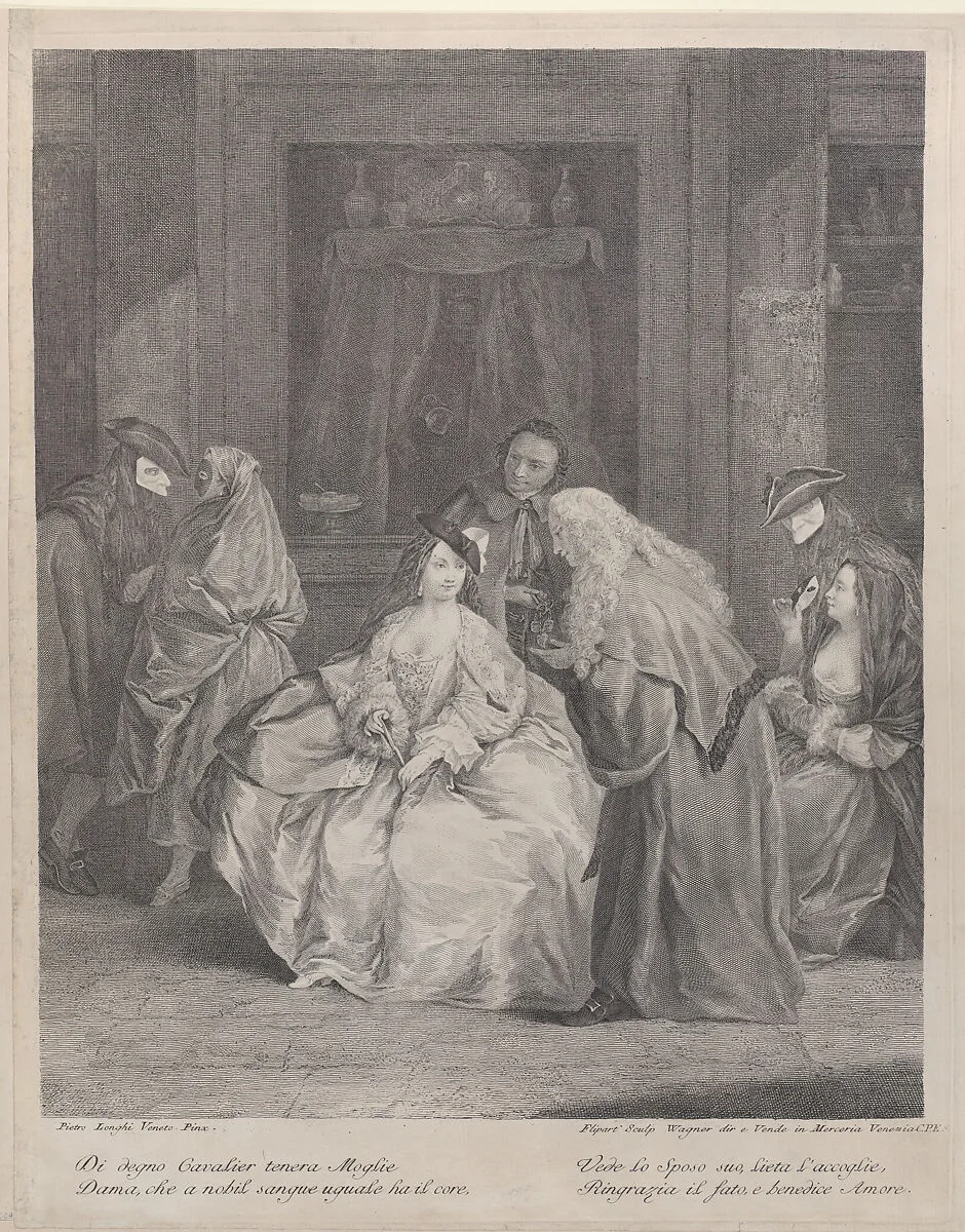 The Meeting, a man bows before a seated woman at center, while couples wearing masks converse in the background — Joseph Wagner|Pietro Longhi (Pietro Falca)|Charles Joseph Flipart