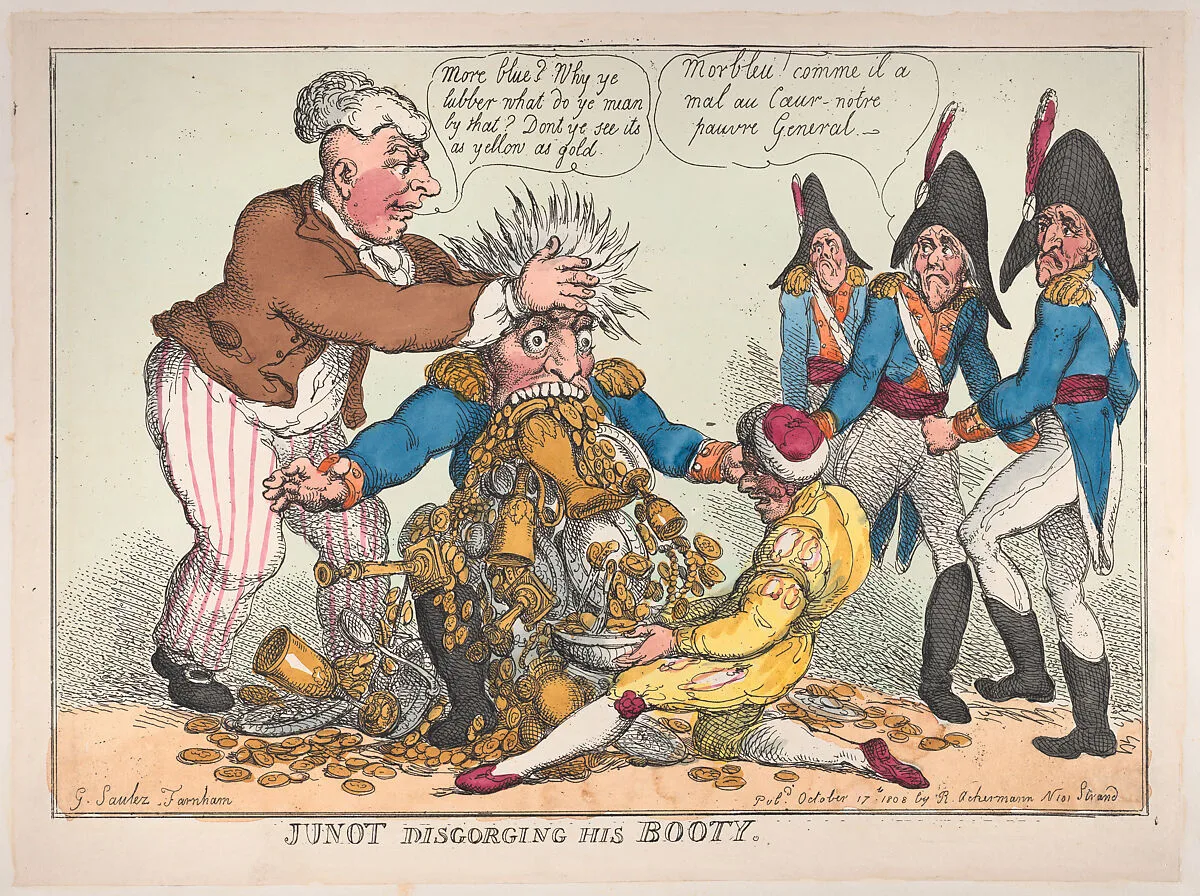 Junot Disgorging His Booty — Thomas Rowlandson|G. Saulez Farnham|Jean Andache Junot, duc d'Abrantes|Rudolph Ackermann, London