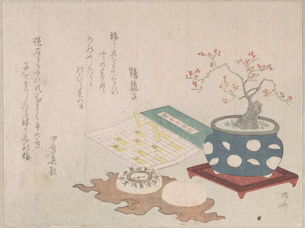 鉢梅、懐中日時計、羅針盤|Bonsai Plum, Compass, and Pocket Sundial with Design of Calendar, from Spring Rain Surimono Album (Harusame surimono-jō, vol. 3) — Ryūryūkyo Shinsai