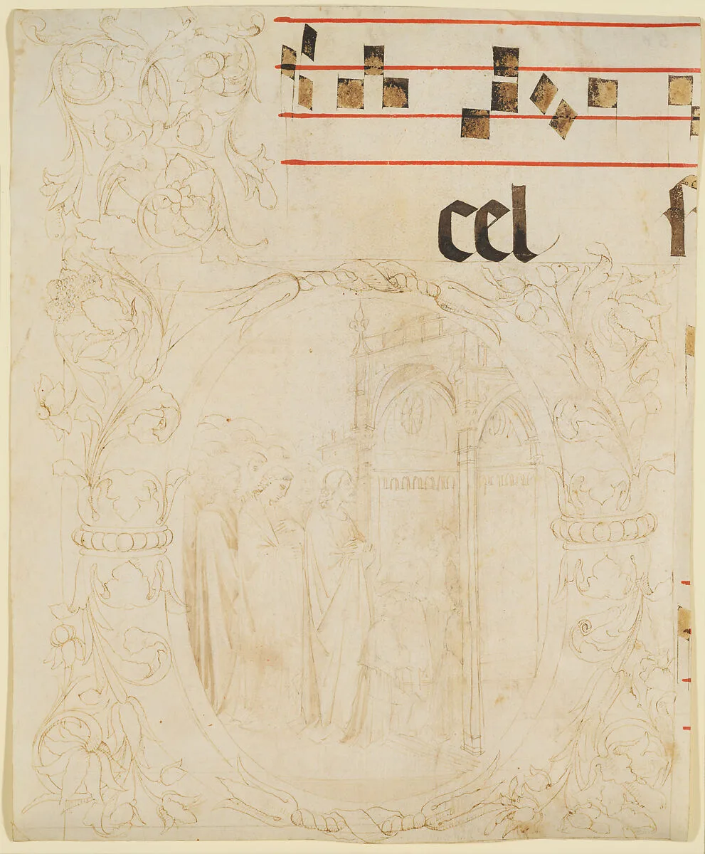 Unfinished Design for a Choir Book: Initial with Scene of Christ Entering the Temple. — Lorenzo Monaco (Piero di Giovanni)
