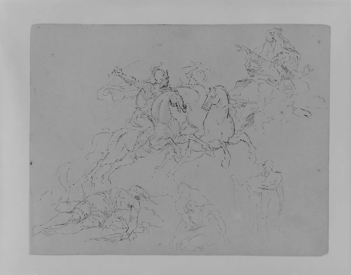 Five Figure and Group Sketches, Including Two Battling Equestrains, and Dead Warior (from Sketchbook) — Thomas Sully
