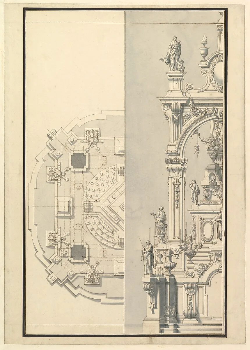 Half Plan and Half Elevation for a Catafalque for an Electress Palatine — Giuseppe Galli Bibiena