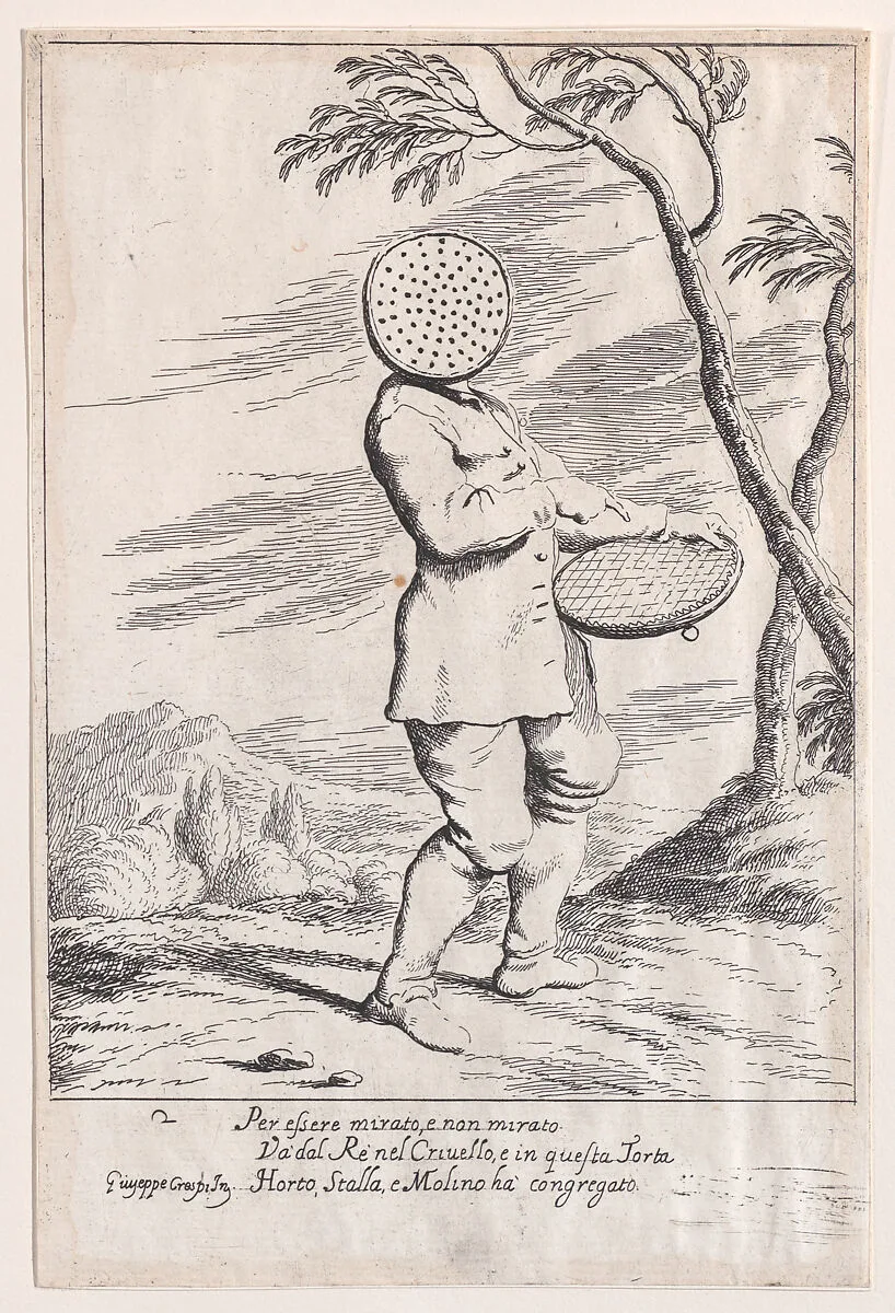 Plate 2: Bertoldo holding a tart in his hand and wearing a sieve on his head, from "Bertoldo, Bertoldino, and Cacasenno" — Giuseppe Maria Crespi