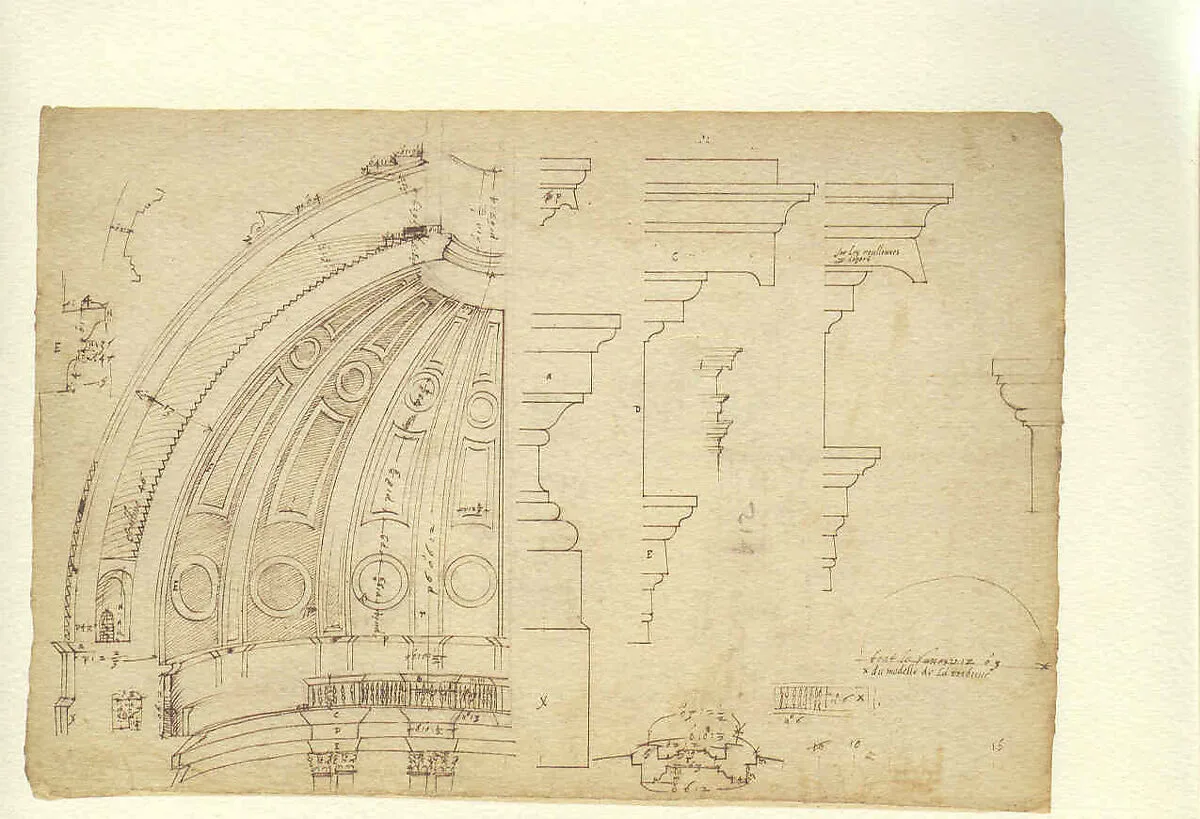 Half-Section of the Model of the Attic and Dome of Saint Peter's Basilica as Conceived by Michelangelo (recto); Detail Studies Relating to the Plan, Section, and Elevation of the Dome of Saint Peter's Basilica (verso). — Etienne DuPérac
