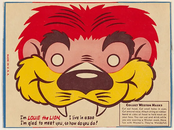 Louie the Lion, bakery card from the Animal Masks series (D13), issued by Weston's Animal Crackers — Weston's Animal Crackers