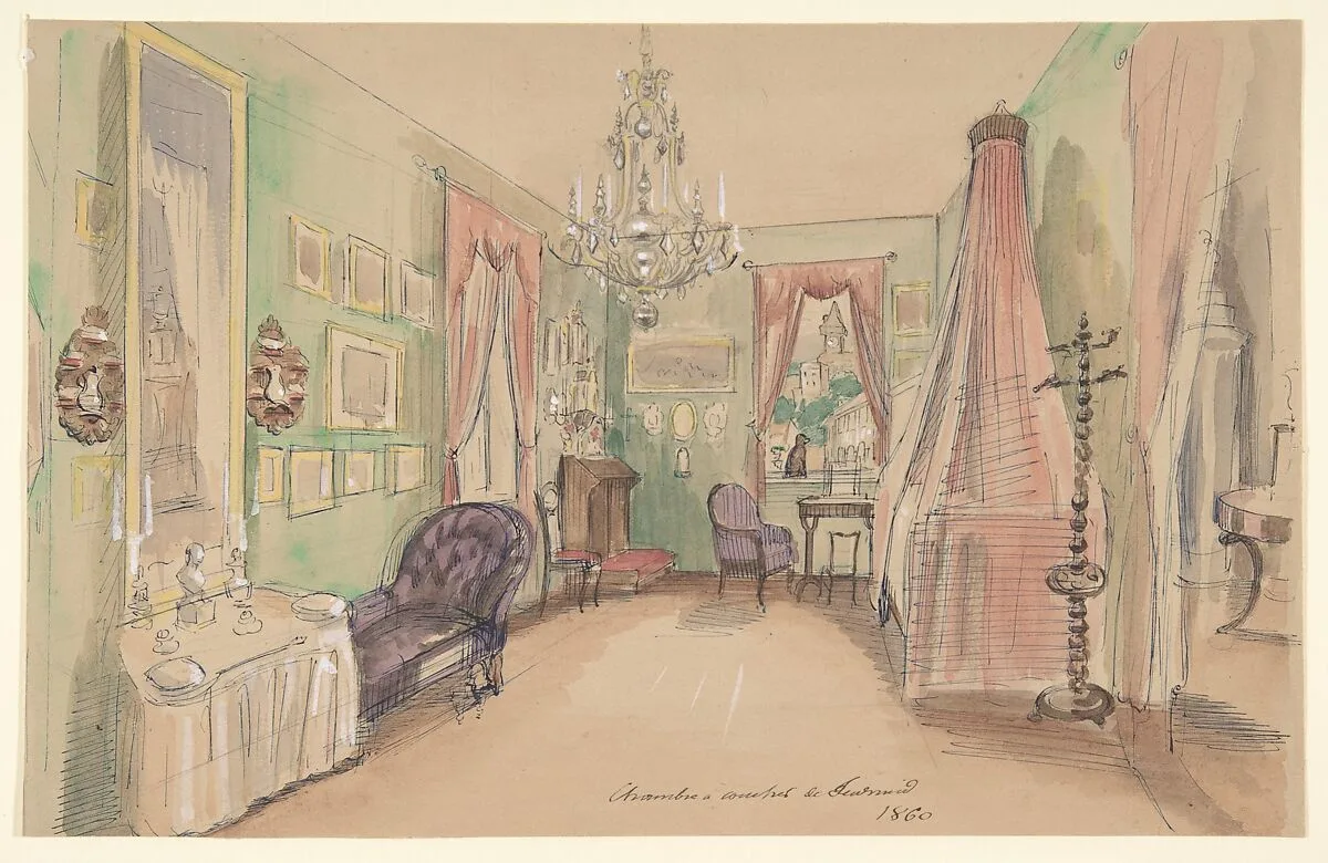 Drawing of an Interior: Bedroom — Anonymous, French, 19th century