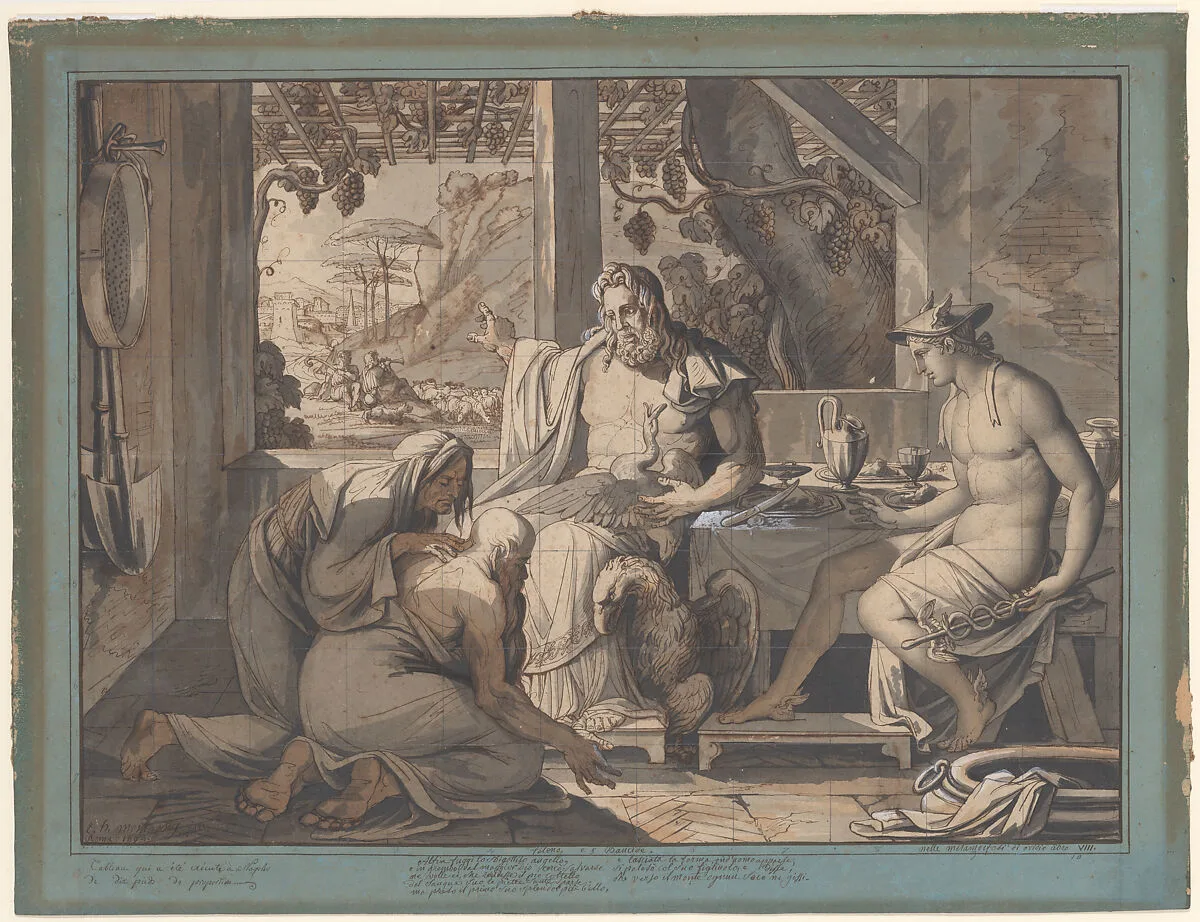 Jupiter and Mercury reveal themselves to Philemon and Baucis — Elie-Honoré Montagny