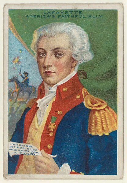 Lafayette, America's Faithful Ally, from the "Heroes of History" series (T68), issued with Miners Extra Smoking Tobacco, Natural Leaf Scrap, and Royal Bengals Little Cigars — Royal Bengals Little Cigars|Marquis de Lafayette