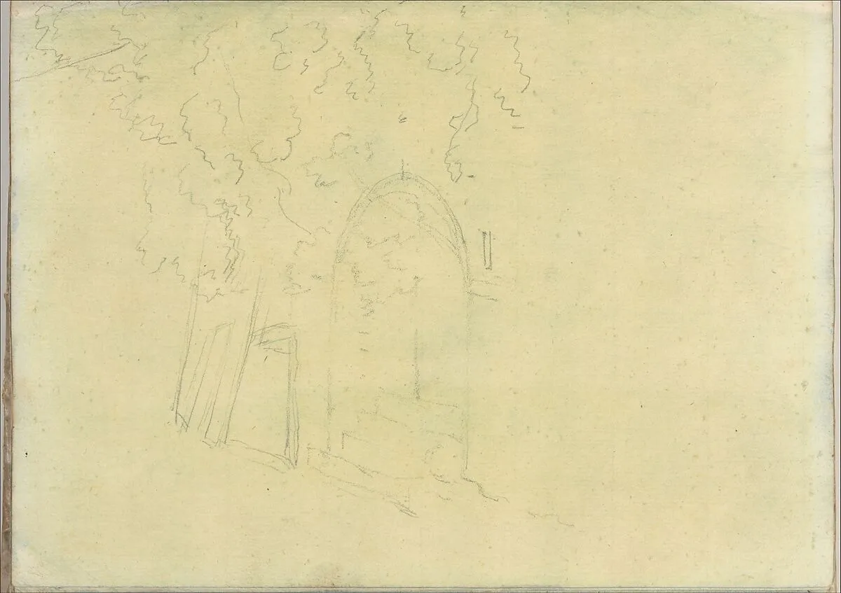 Trees Next to an Arched Opening Containing Steps (Smaller Italian Sketchbook, leaf 17 recto) — Joseph Wright (Wright of Derby)