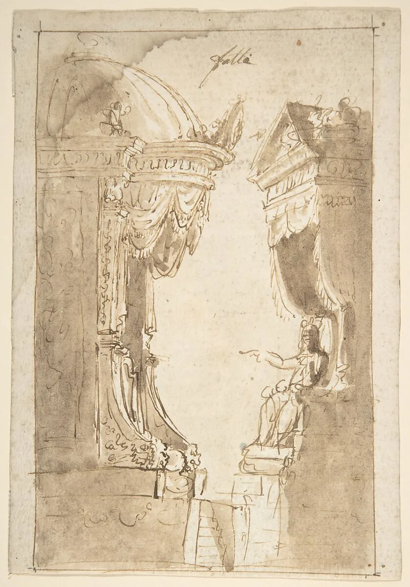 Design for a Stage Set with Two Thrones (Recto); Landscape (Verso) — Anonymous, Italian, 19th century