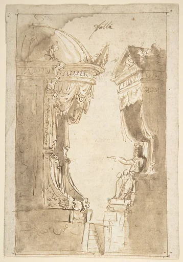 Design for a Stage Set with Two Thrones (Recto); Landscape (Verso)