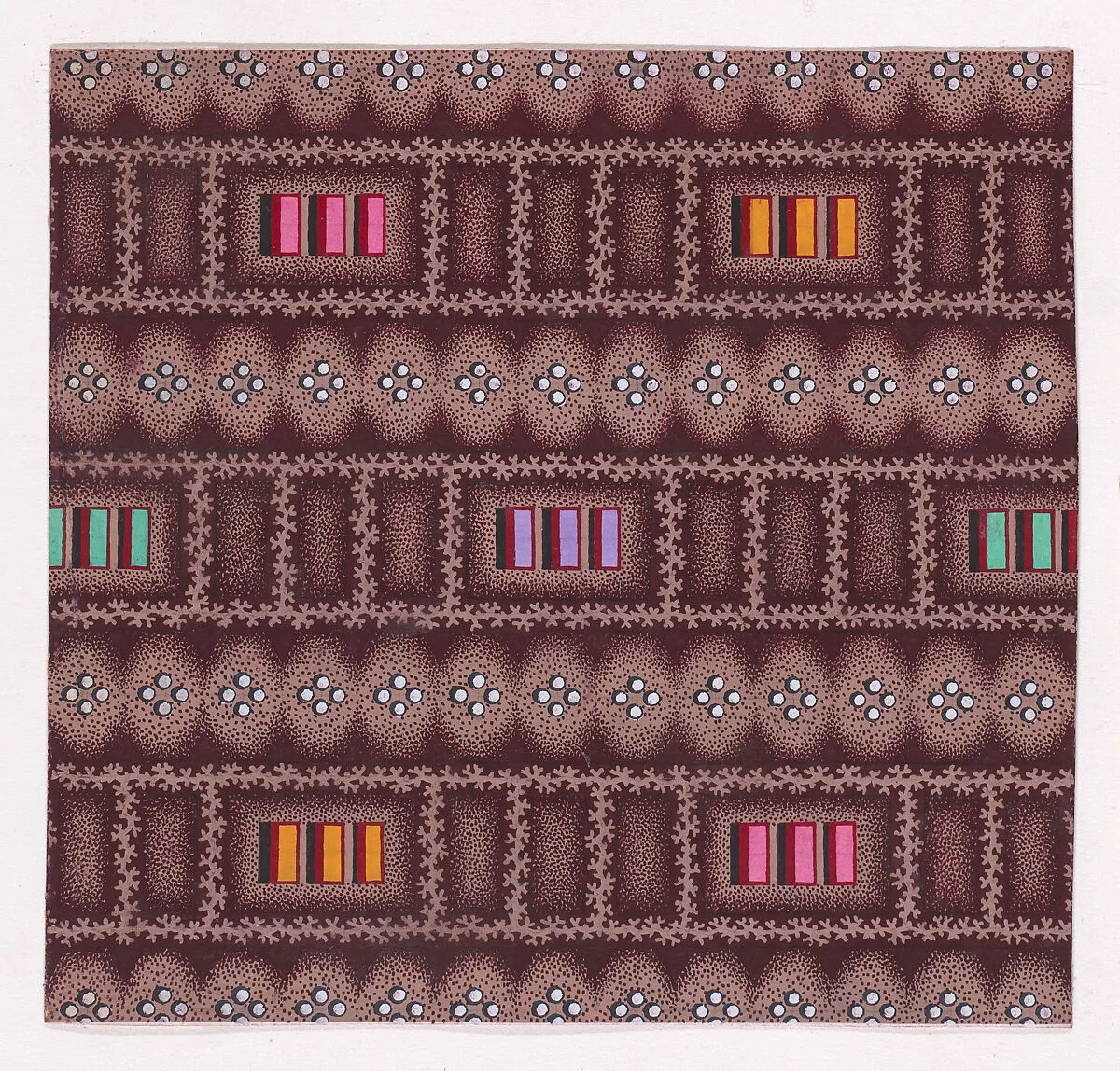 Textile Design with Horizontal Rows of Groups of Three Rectangles Framed by Garlands of Branches and Separated by Rows of Groups of Four Pearls — Anonymous, Alsatian, 19th century