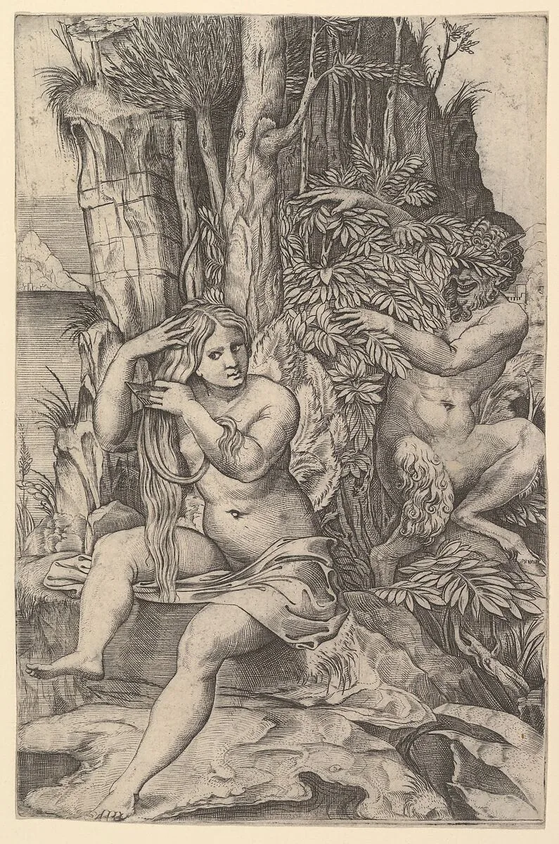 Pan spying of the nymph Syrinx who is seated on a rock, combing her hair — Marcantonio Raimondi|Marco Dente|Giulio Romano
