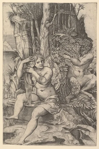 Pan spying of the nymph Syrinx who is seated on a rock, combing her hair