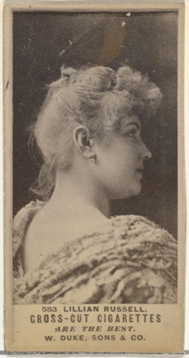 Card Number 583, Lillian Russell, from the Actors and Actresses series (N145-3) issued by Duke Sons & Co. to promote Cross Cut Cigarettes — W. Duke, Sons & Co.