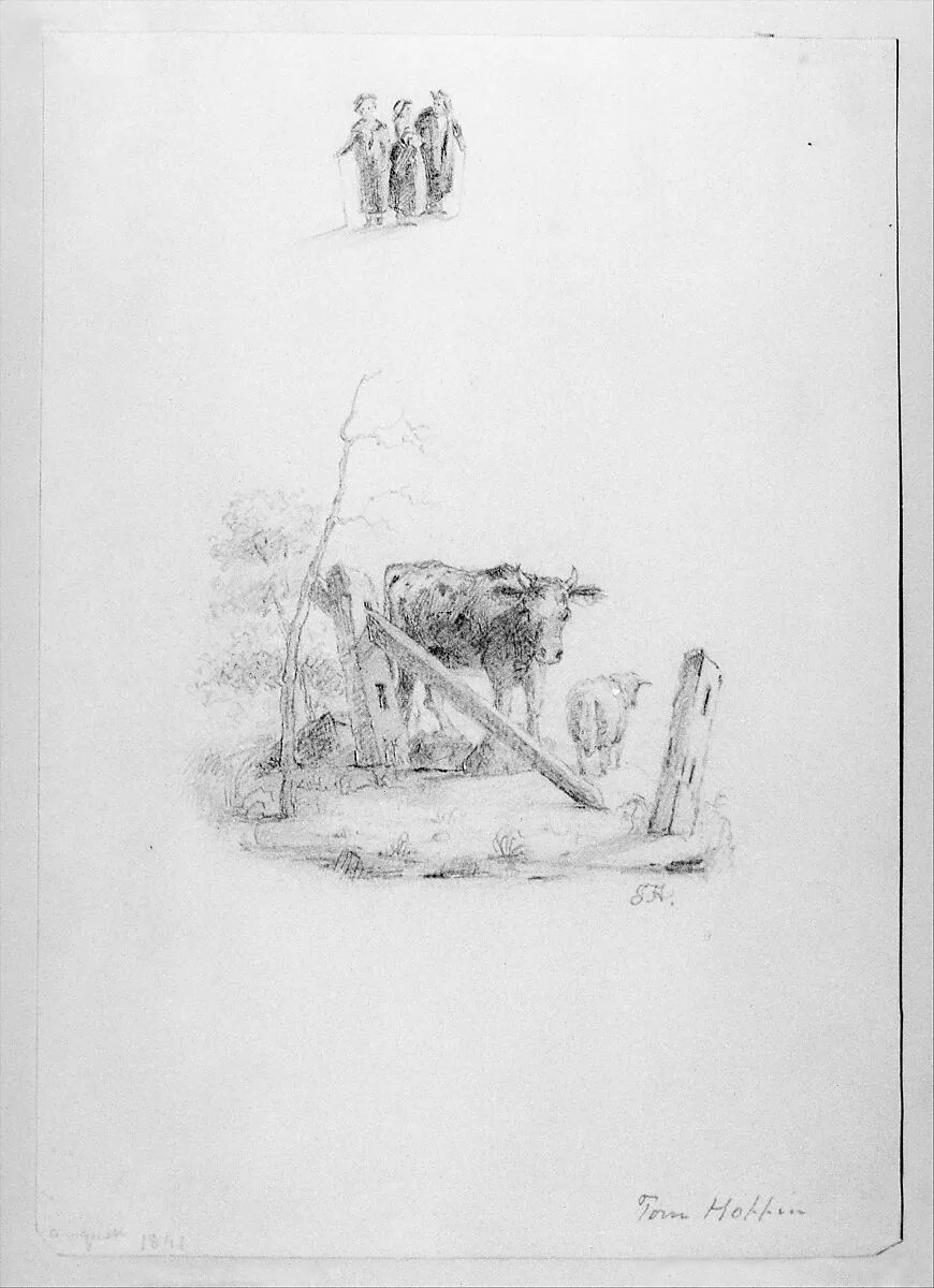 Landscape with Two Cows and a Broken Fence; Three Standing Figures (from McGuire Scrapbook) — Thomas F. Hoppin