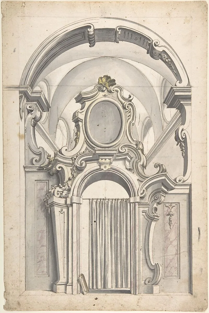 Design for an Elaborate Doorway with a Vaulted Ceiling Behind, and a Curtain Drawn Across the Opening — Anonymous, Italian, Piedmontese, 18th century