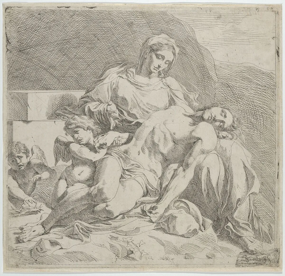 Pietà, the dead Christ supported by the Virgin, putti at the left — Annibale Carracci|Joost de Pape