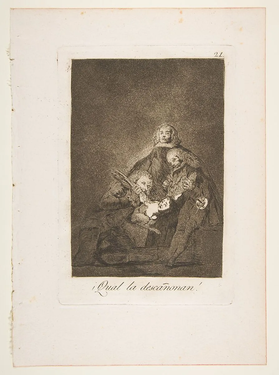 Plate 21 from "Los Caprichos": How they pluck her! (¡Qual la descañonan!) — Goya (Francisco de Goya y Lucientes)