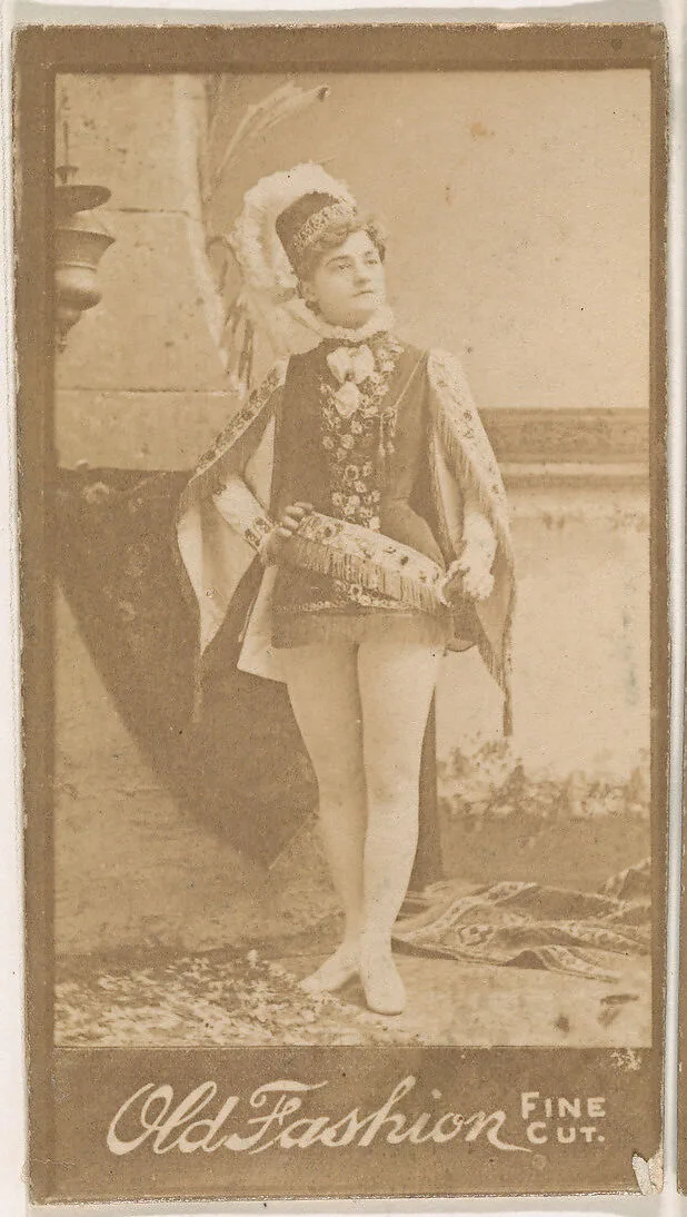 Actress wearing plumed hat and fringed sash, from the Actresses series (N664) promoting Old Fashion Fine Cut Tobacco — Unknown