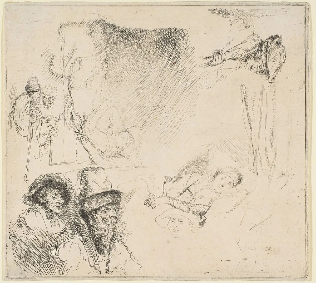 Sheet of Studies with a Woman Lying Ill in Bed, etc. — Rembrandt (Rembrandt van Rijn)