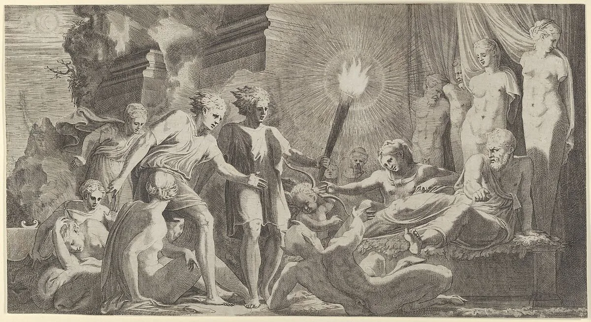 Hercules surprising Fanus who mistook him for Omphale — Francesco Primaticcio|Léon Davent