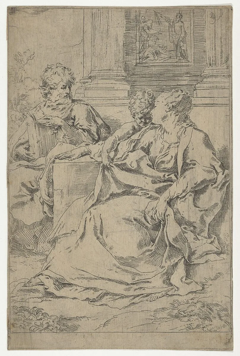 The Holy Family seated together in front of a collonade, Saint Joseph reading and the young Christ grasping the Virgin's drapery — Guido Reni