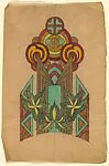 Vertical Design with Three Decorative Leaves Against Geometric Structures Combined with Three Circles Overlapping a Central Circle Above — Anonymous, French, 20th century