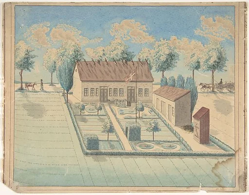 Bird's Eye View of a House and Garden with a Danish Flag Flying