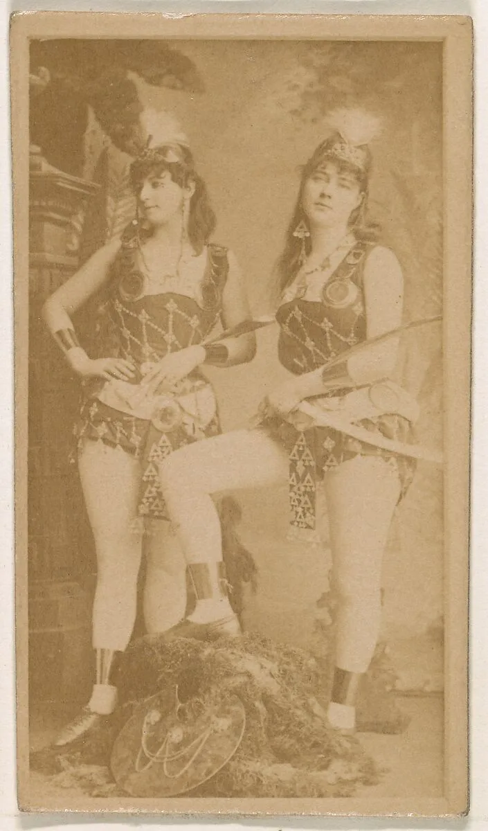 Two actresses, one holding sword, from the Actresses series (N245) issued by Kinney Brothers to promote Sweet Caporal Cigarettes — Kinney Brothers Tobacco Company